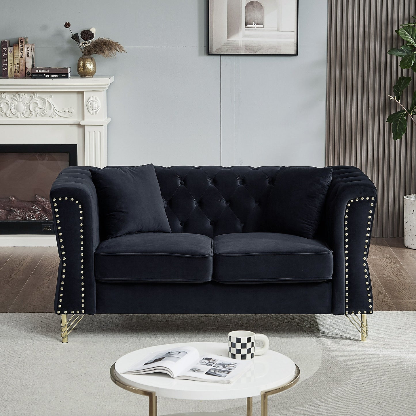 Black Velvet 3-seater Sofa with Tufted Couch