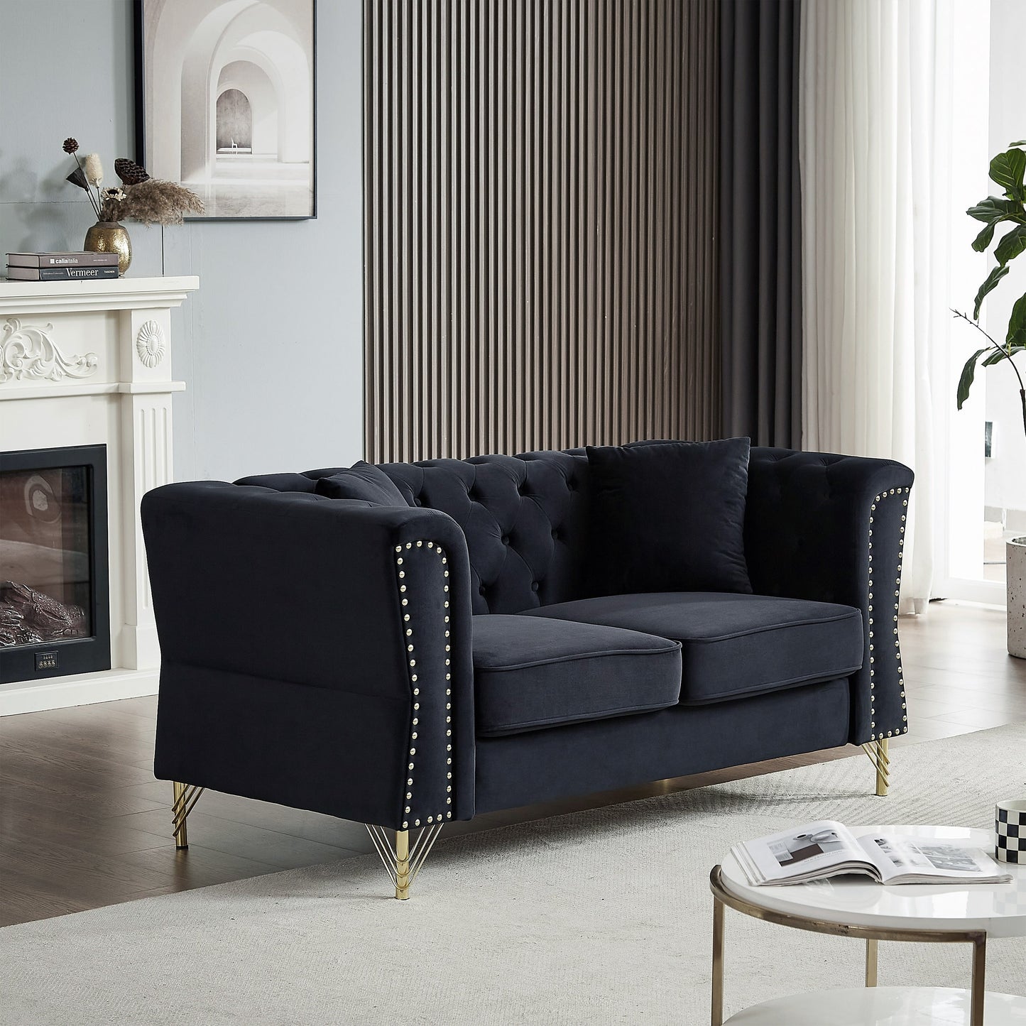 Black Velvet 3-seater Sofa with Tufted Couch