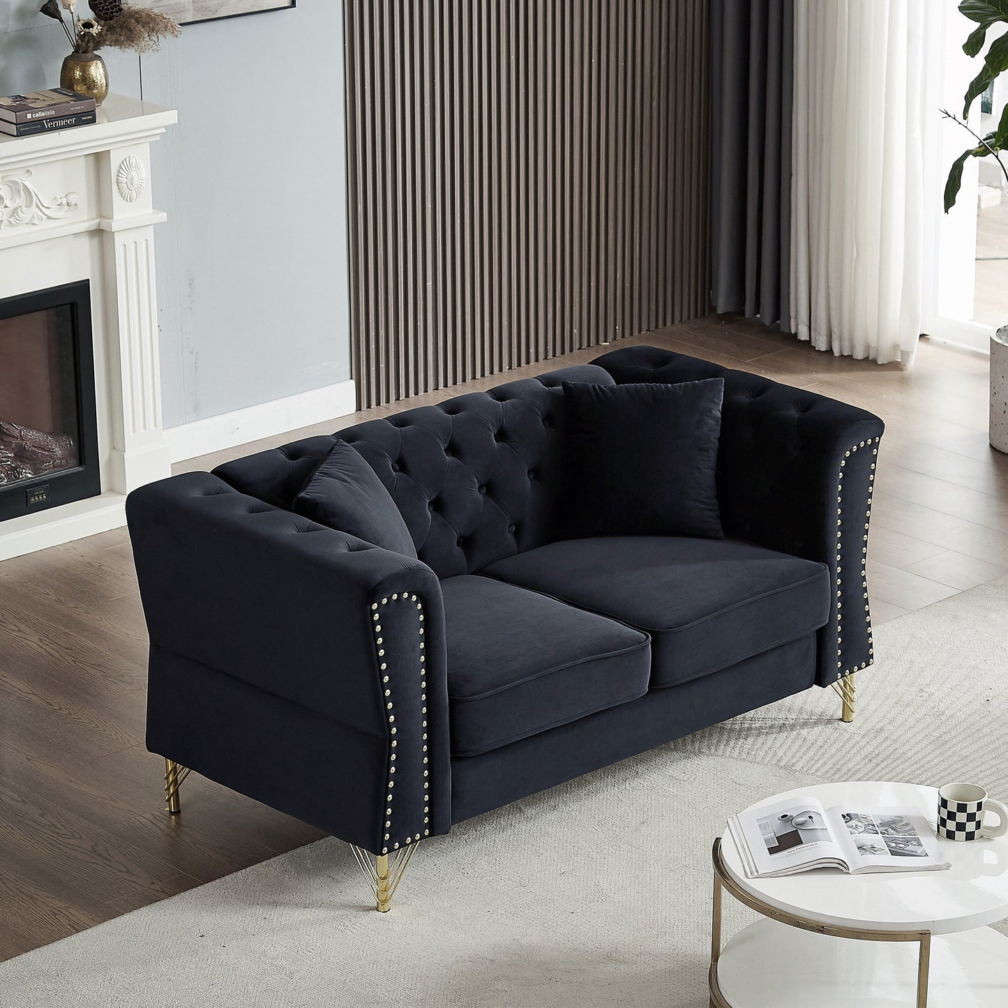 Black Velvet 3-seater Sofa with Tufted Couch
