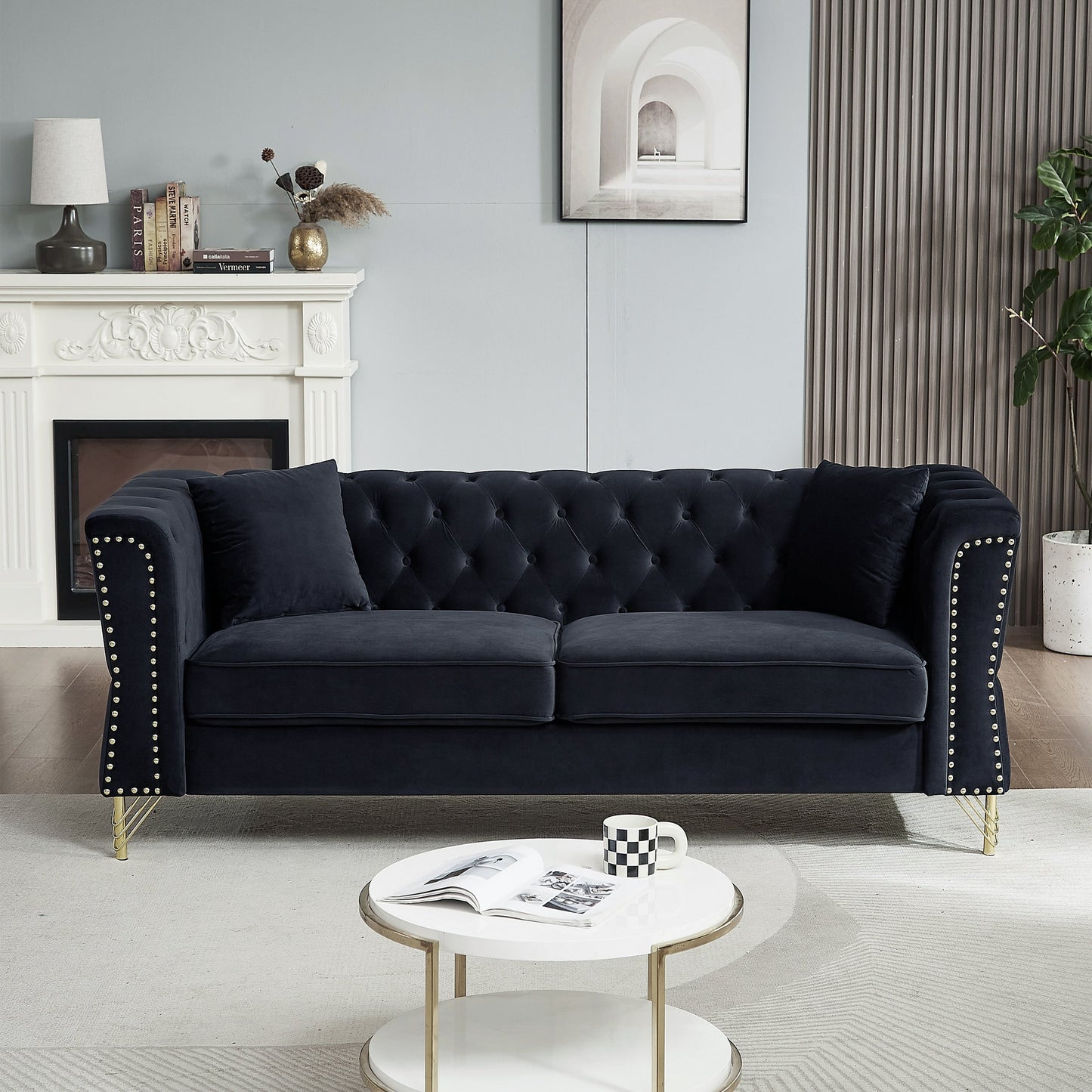 Black Velvet 3-seater Sofa with Tufted Couch