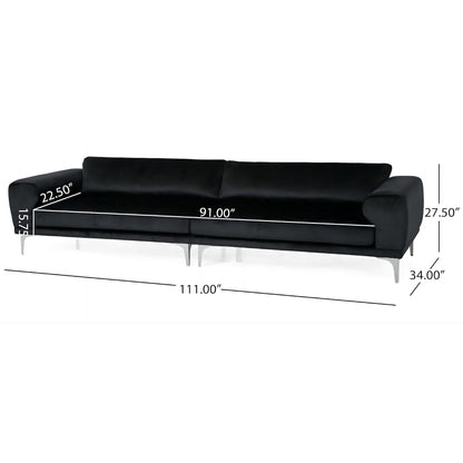 Black Velvet 4-Seater Sofa with Cushions and Metal Legs