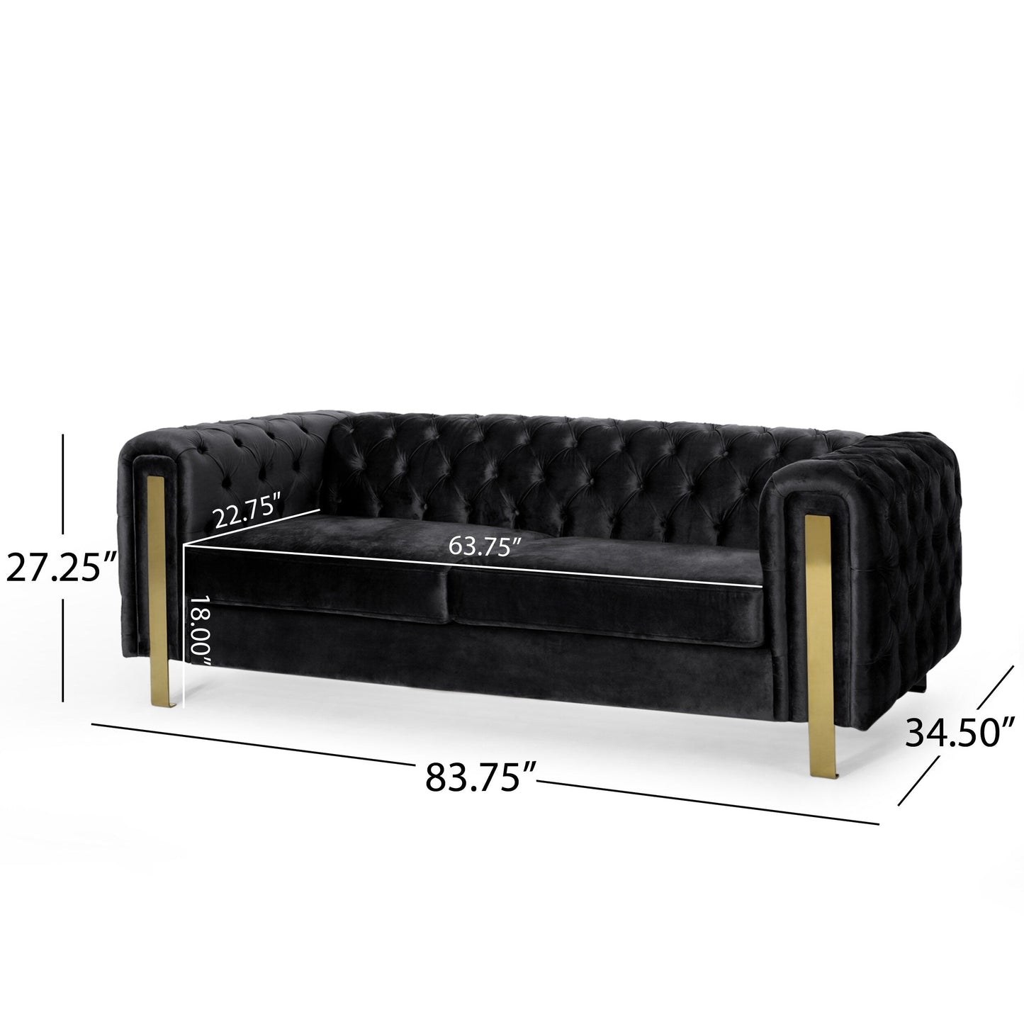 Black Velvet Button Tufted 3-seater Sofa with Iron Legs