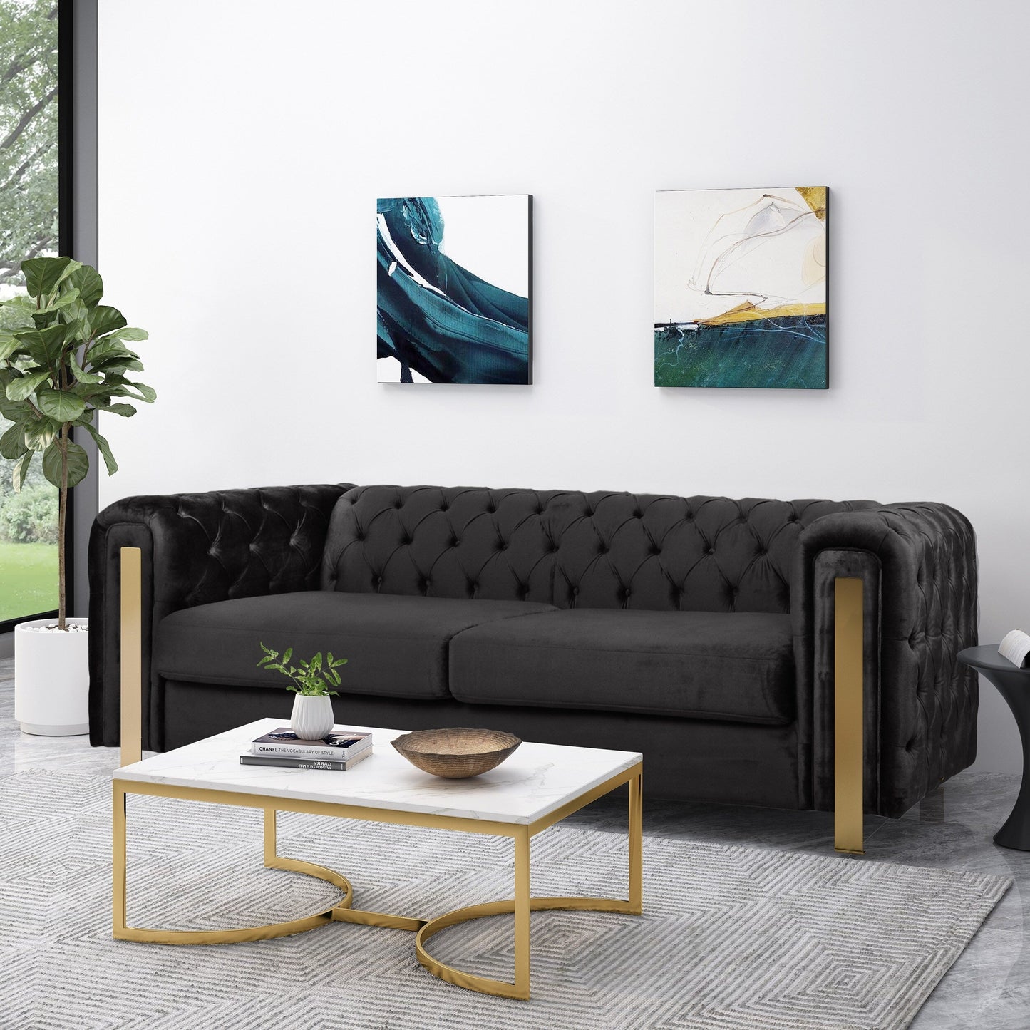Black Velvet Button Tufted 3-seater Sofa with Iron Legs