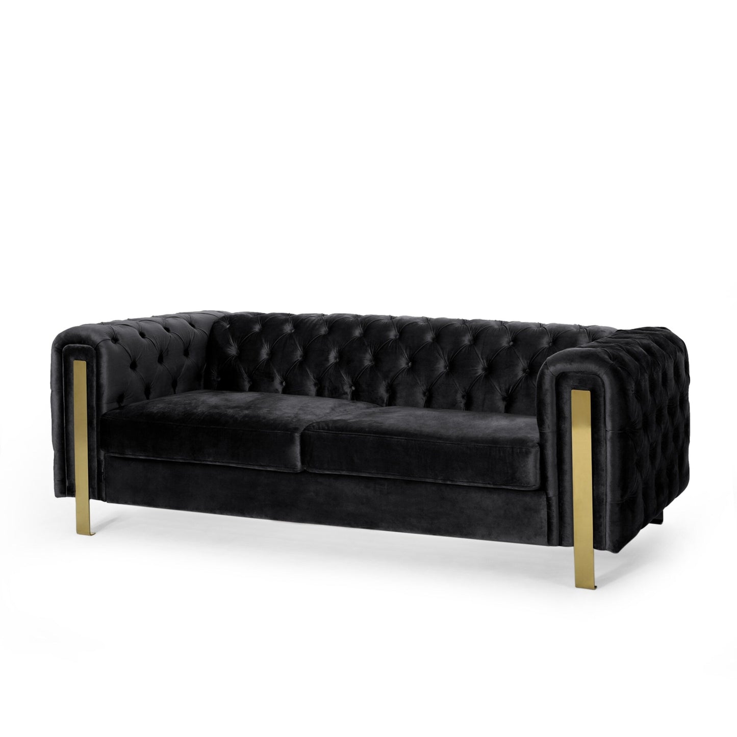 Black Velvet Button Tufted 3-seater Sofa with Iron Legs