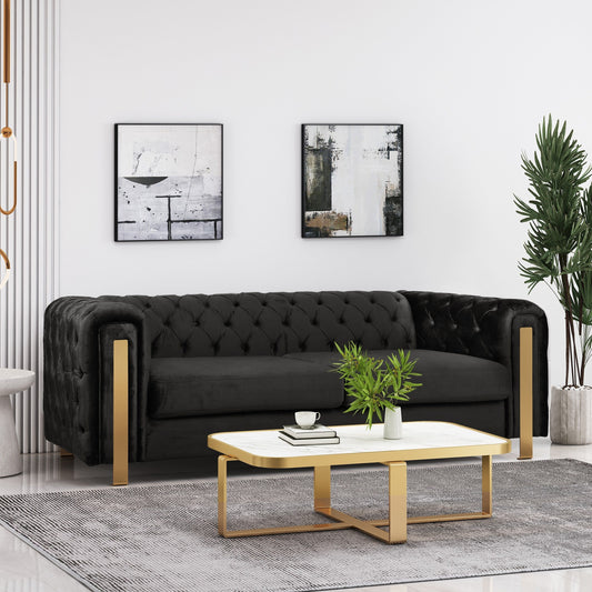 Black Velvet Button Tufted 3-seater Sofa with Iron Legs