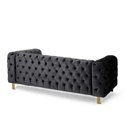 Black Velvet Button Tufted 3-seater Sofa with Iron Legs