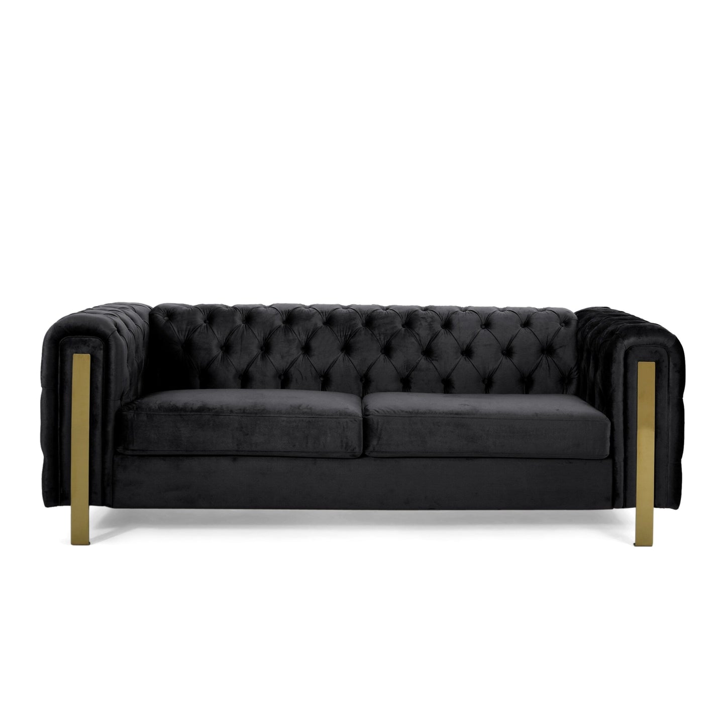 Black Velvet Button Tufted 3-seater Sofa with Iron Legs