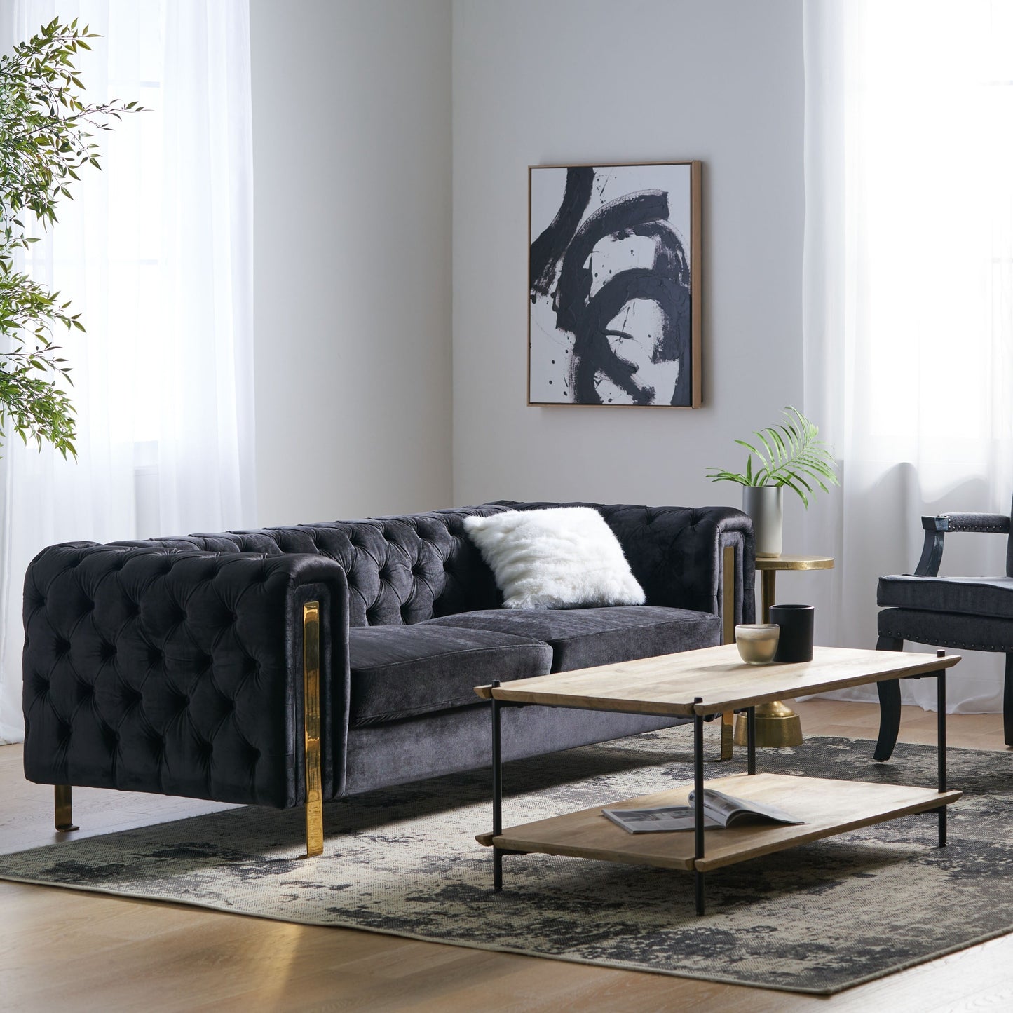 Black Velvet Button Tufted 3-seater Sofa with Iron Legs