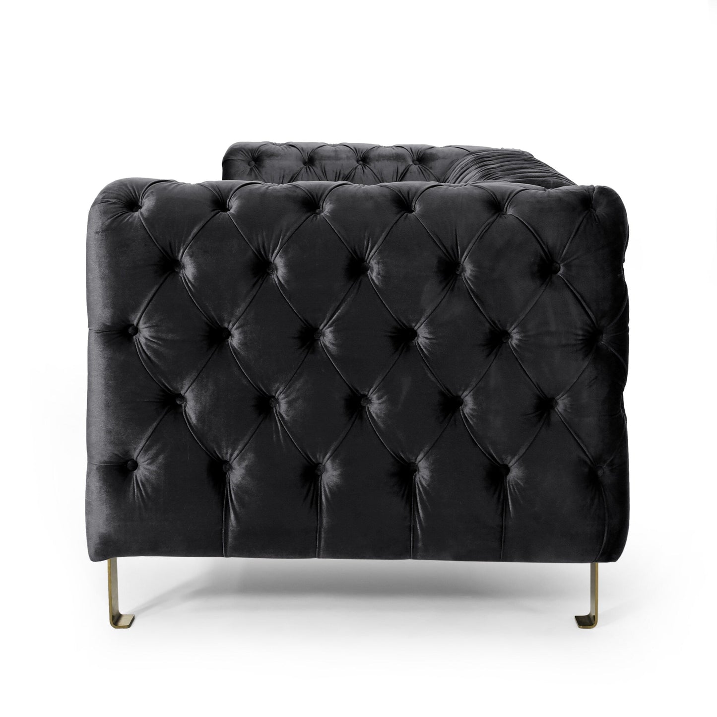 Black Velvet Button Tufted 3-seater Sofa with Iron Legs