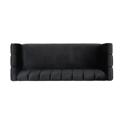 Black Velvet Channel Tufted 3-seater Sofa with Birch Wood Legs