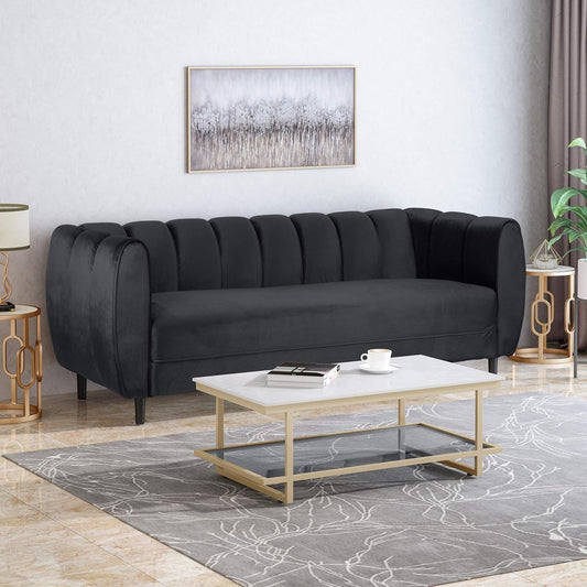 Black Velvet Channel Tufted 3-seater Sofa with Birch Wood Legs
