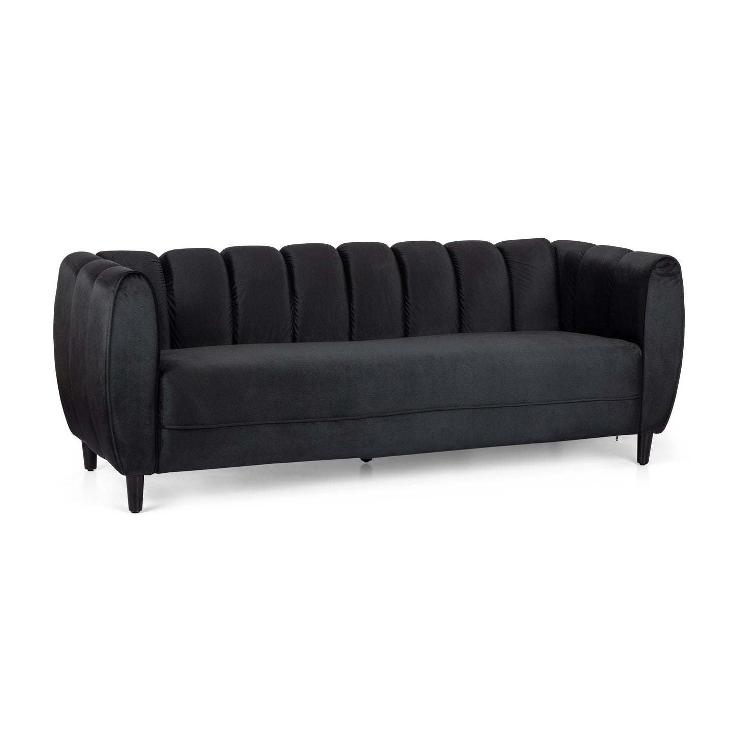Black Velvet Channel Tufted 3-seater Sofa with Birch Wood Legs