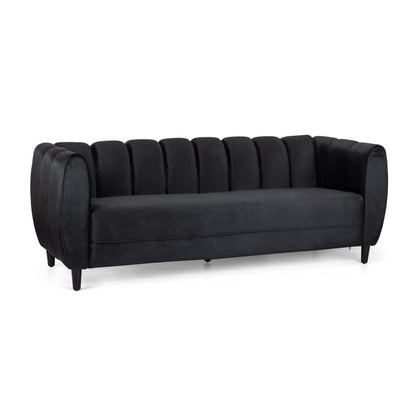 Black Velvet Channel Tufted 3-seater Sofa with Birch Wood Legs