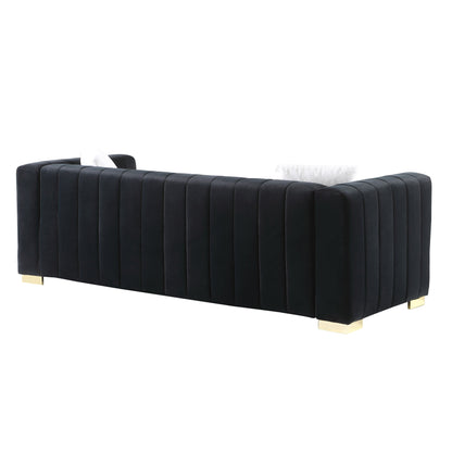 Black Velvet Channel Tufted 3-seater Sofa with Pillows