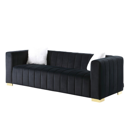Black Velvet Channel Tufted 3-seater Sofa with Pillows