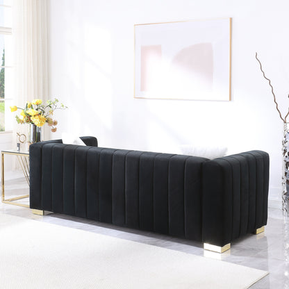 Black Velvet Channel Tufted 3-seater Sofa with Pillows