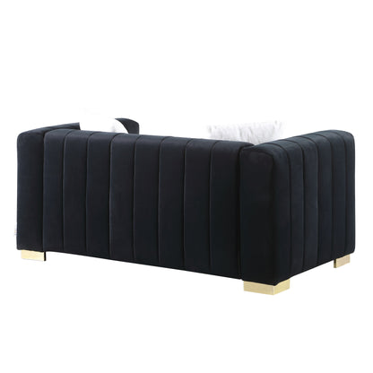 Black Velvet Channel Tufted 3-seater Sofa with Pillows