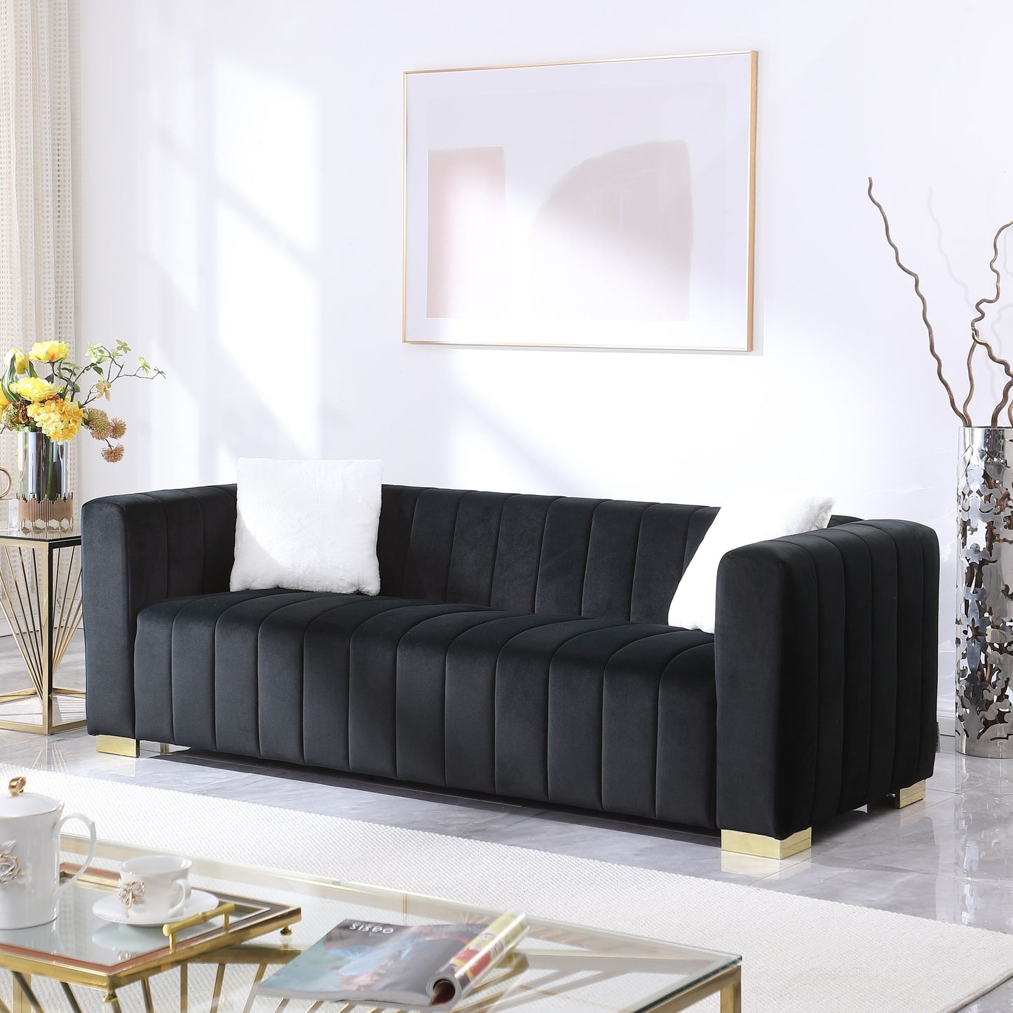 Black Velvet Channel Tufted 3-seater Sofa with Pillows