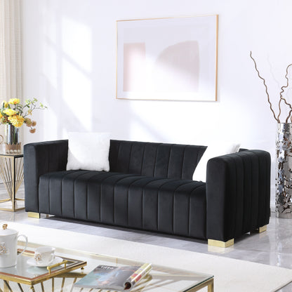 Black Velvet Channel Tufted 3-seater Sofa with Pillows