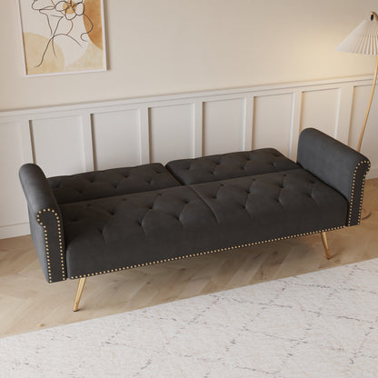 Black Velvet Convertible Loveseat Sofa Bed with Nailheads