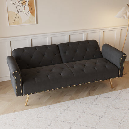 Black Velvet Convertible Loveseat Sofa Bed with Nailheads