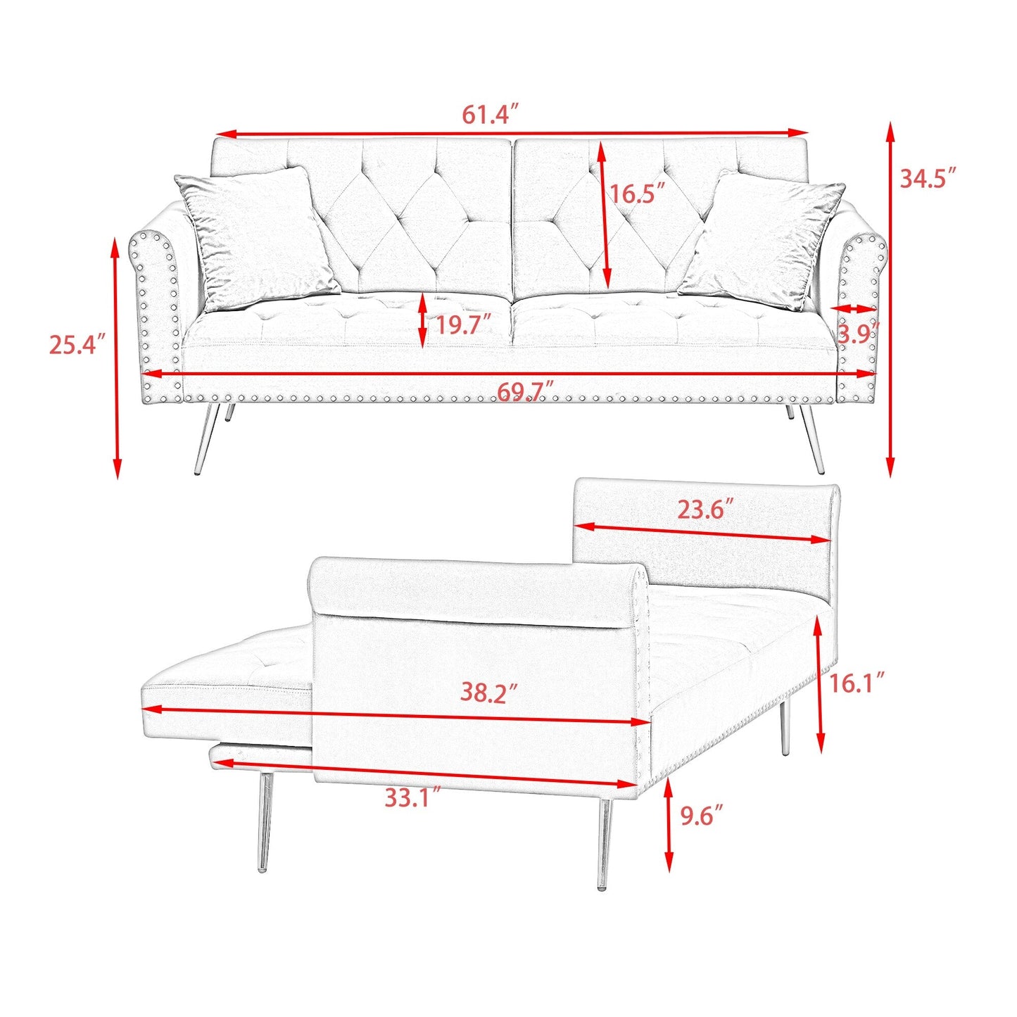 Black Velvet Convertible Loveseat Sofa Bed with Nailheads