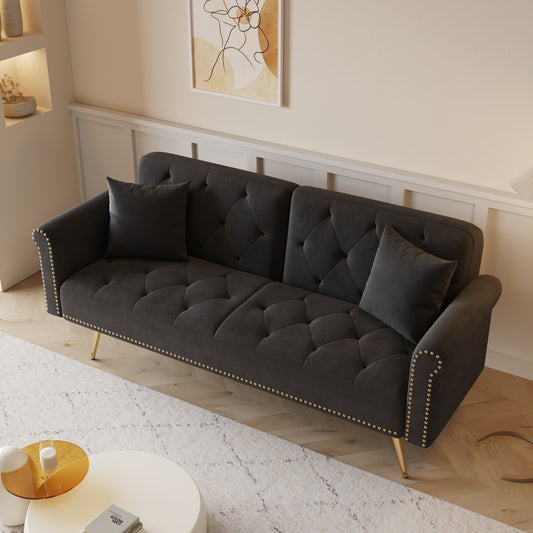 Black Velvet Convertible Loveseat Sofa Bed with Nailheads