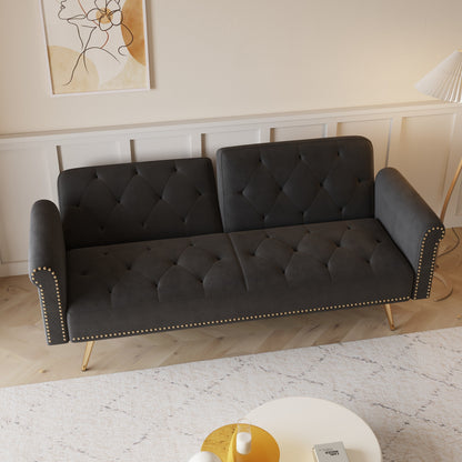 Black Velvet Convertible Loveseat Sofa Bed with Nailheads