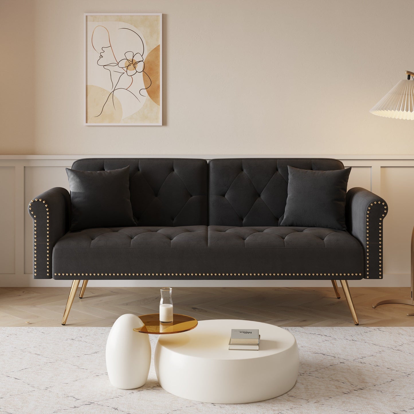 Black Velvet Convertible Loveseat Sofa Bed with Nailheads