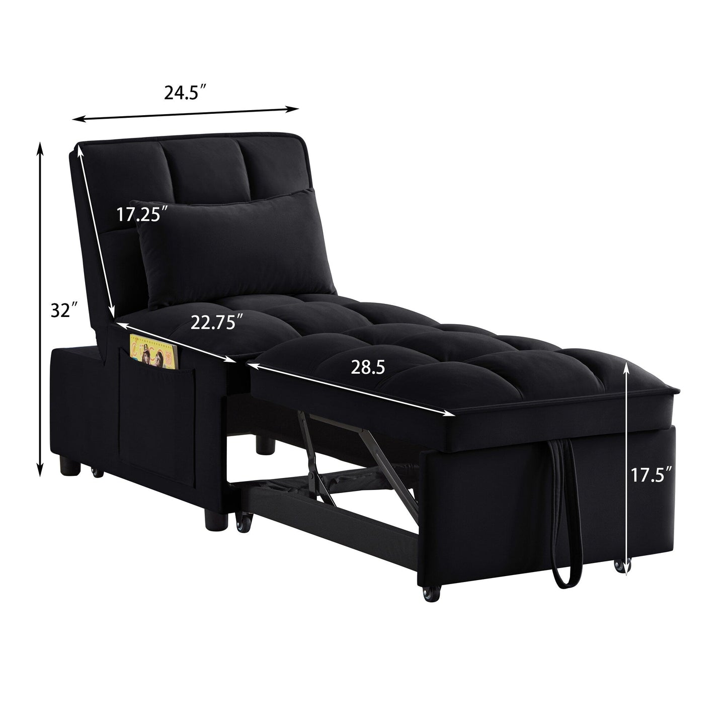 Black Velvet Folding Sofa Bed with Adjustable Backrest