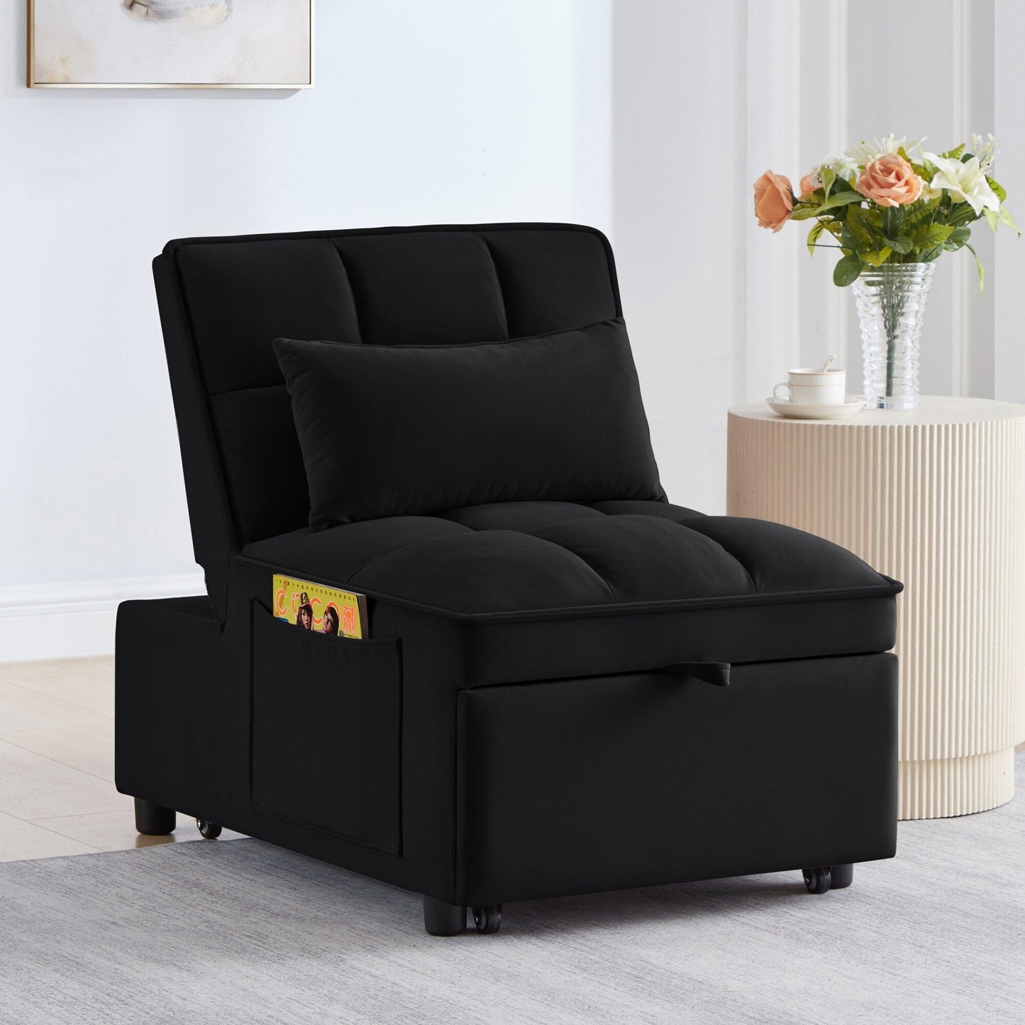 Black Velvet Folding Sofa Bed with Adjustable Backrest