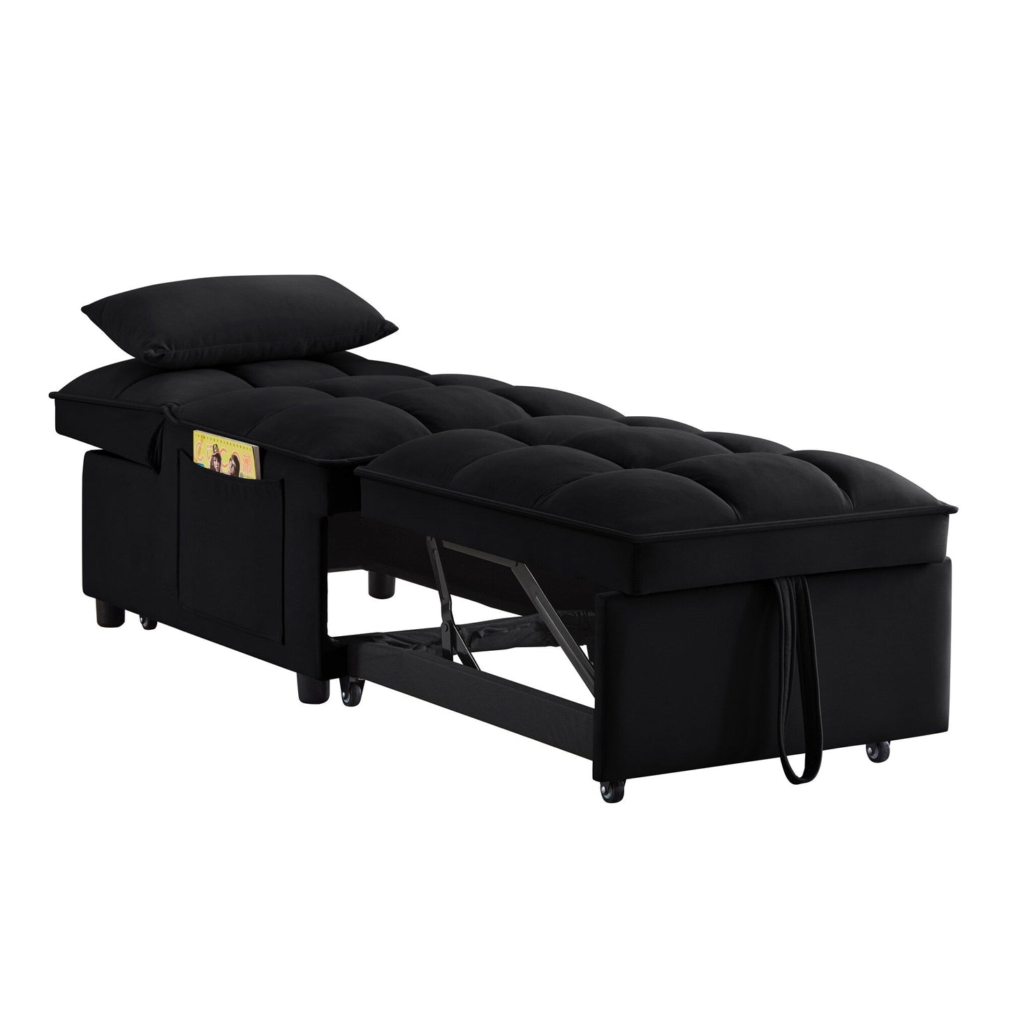 Black Velvet Folding Sofa Bed with Adjustable Backrest
