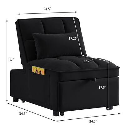 Black Velvet Folding Sofa Bed with Adjustable Backrest