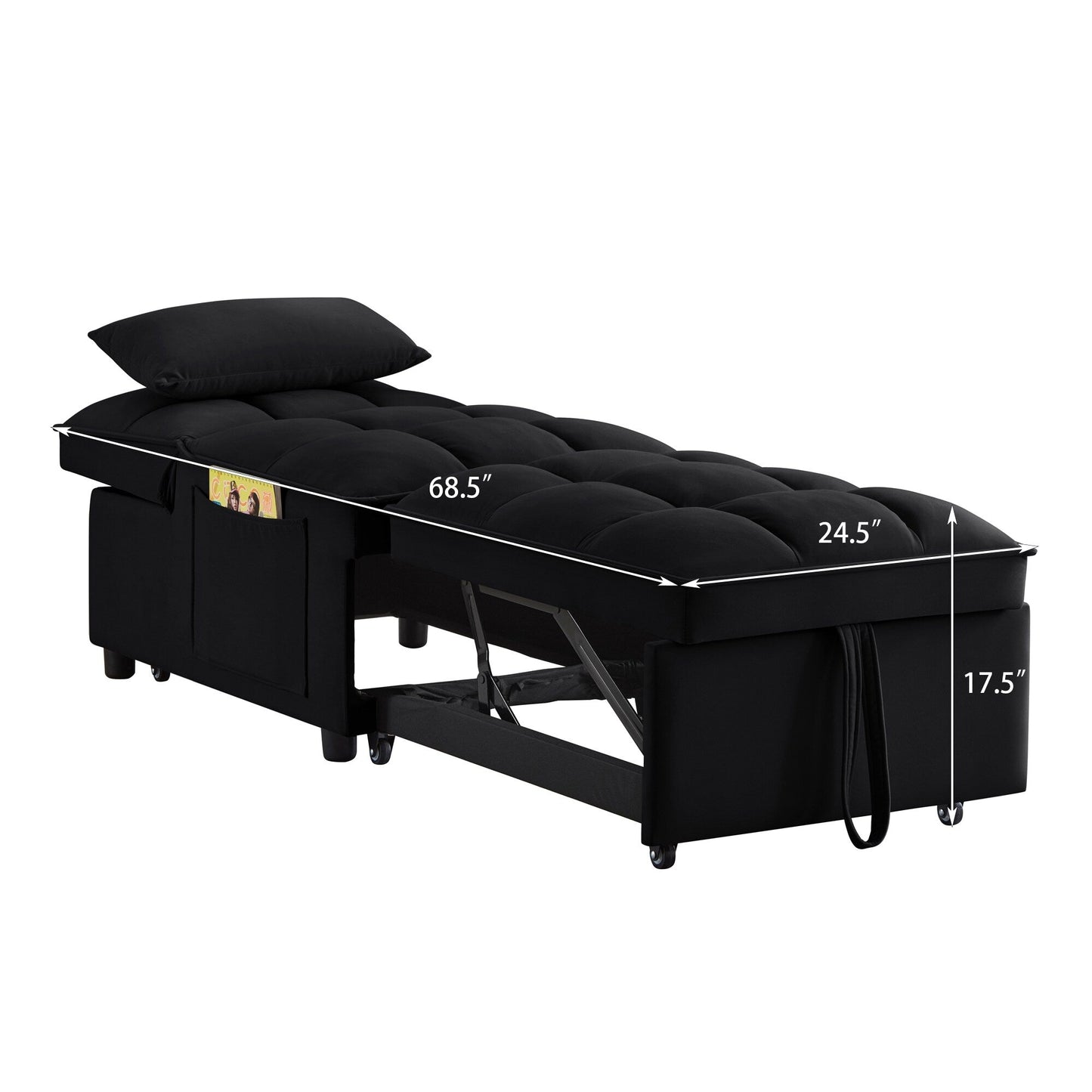 Black Velvet Folding Sofa Bed with Adjustable Backrest
