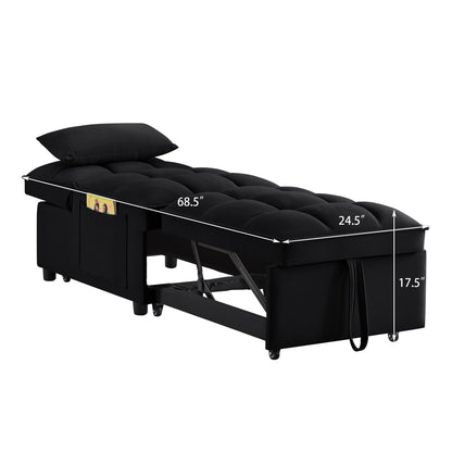 Black Velvet Folding Sofa Bed with Adjustable Backrest