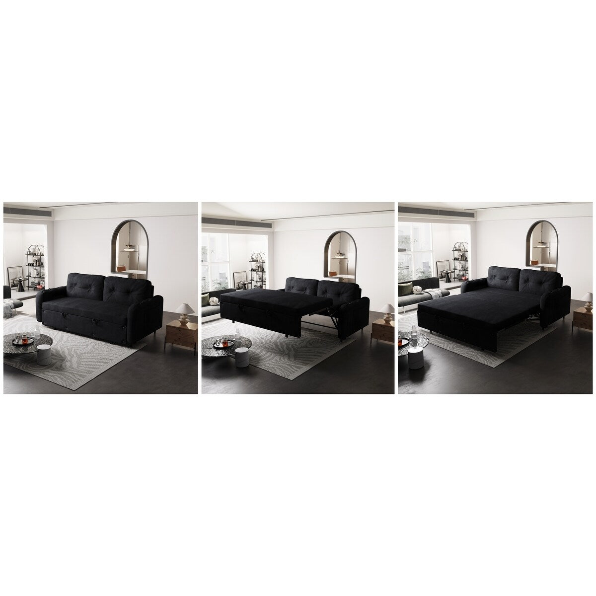 Black Velvet Loveseat Convertible Sofa Bed with Storage