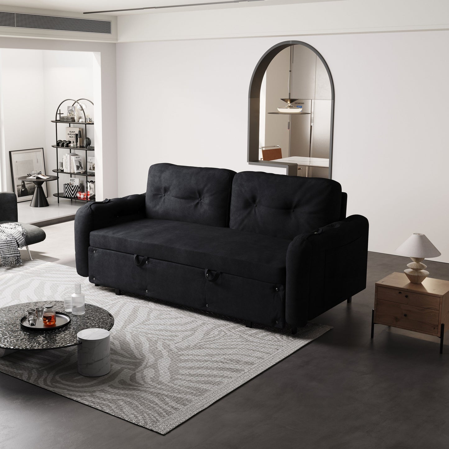 Black Velvet Loveseat Convertible Sofa Bed with Storage
