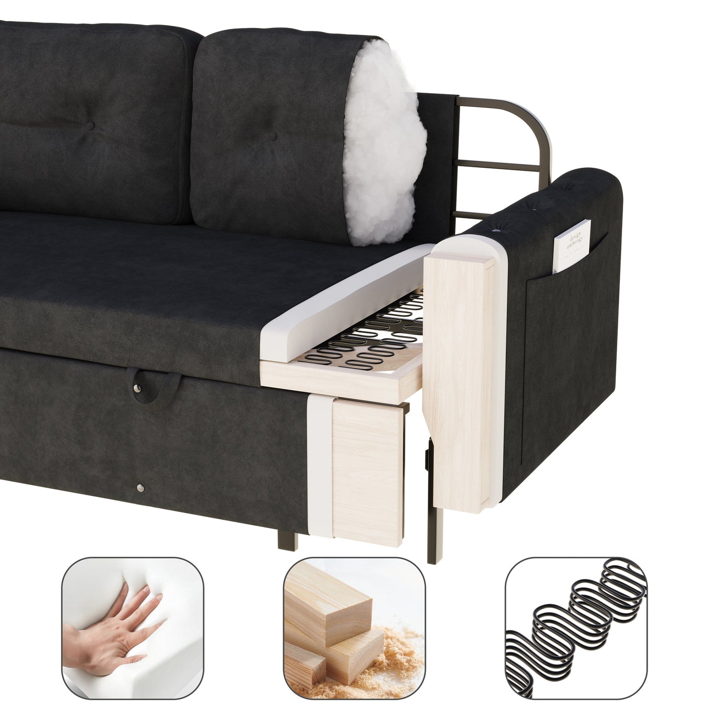 Black Velvet Loveseat Convertible Sofa Bed with Storage