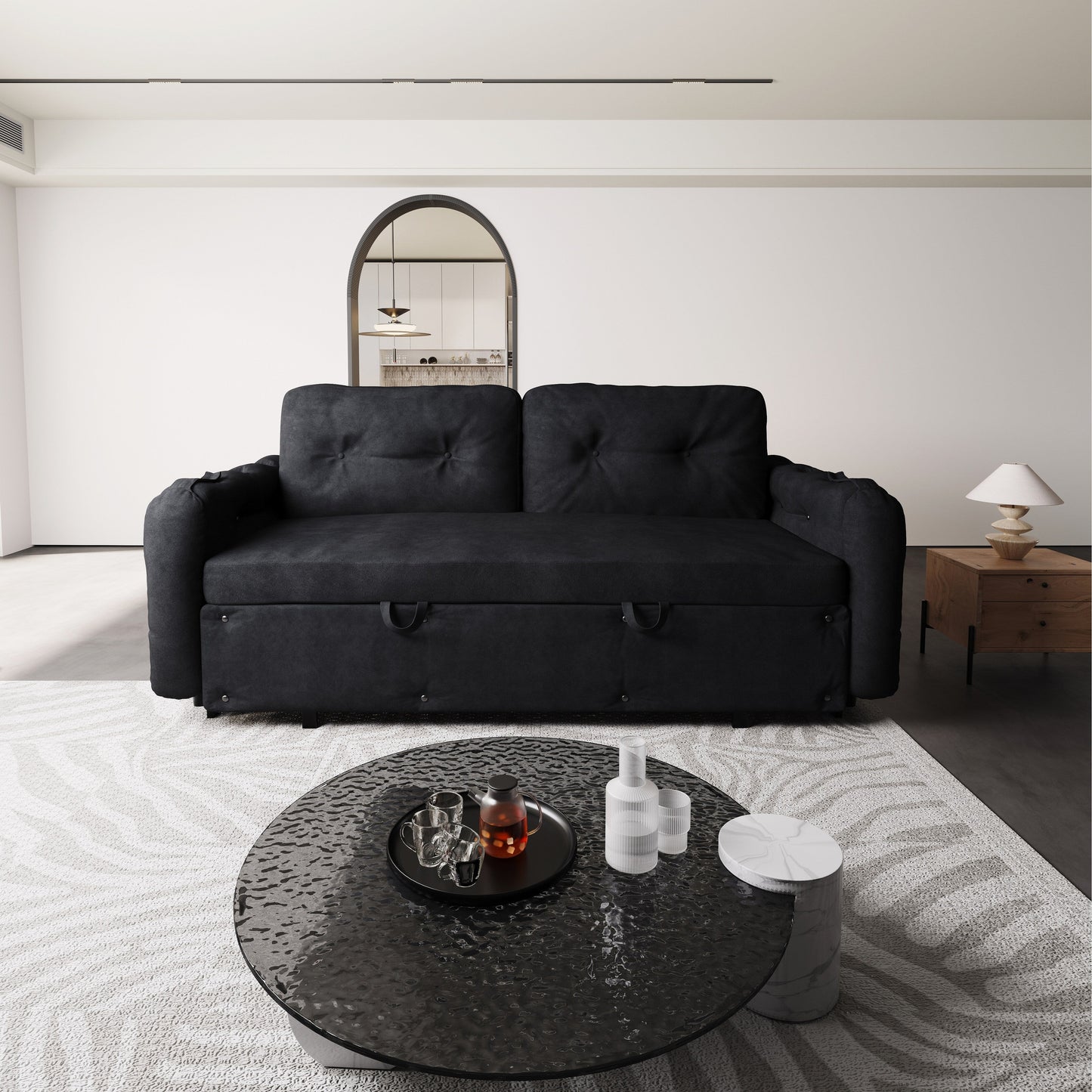 Black Velvet Loveseat Convertible Sofa Bed with Storage