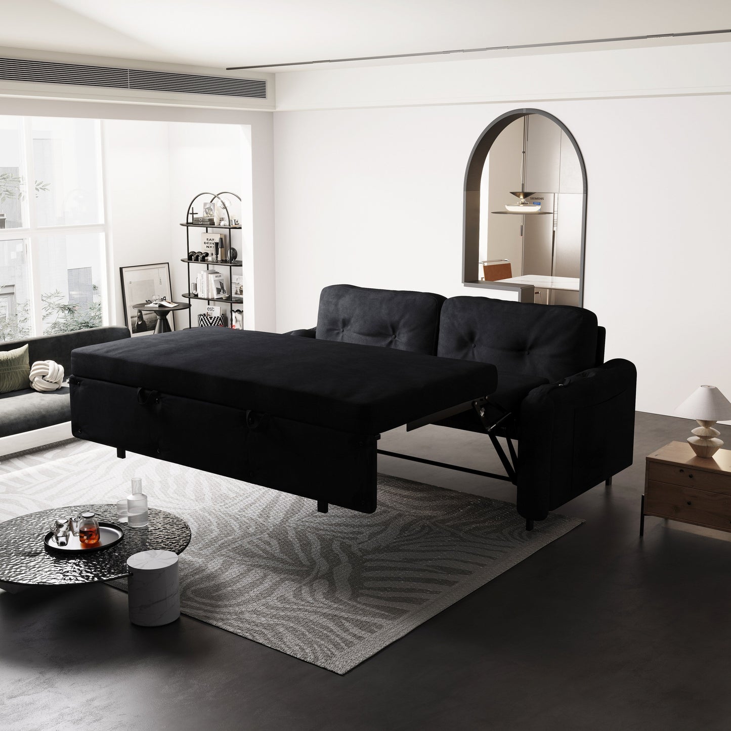 Black Velvet Loveseat Convertible Sofa Bed with Storage