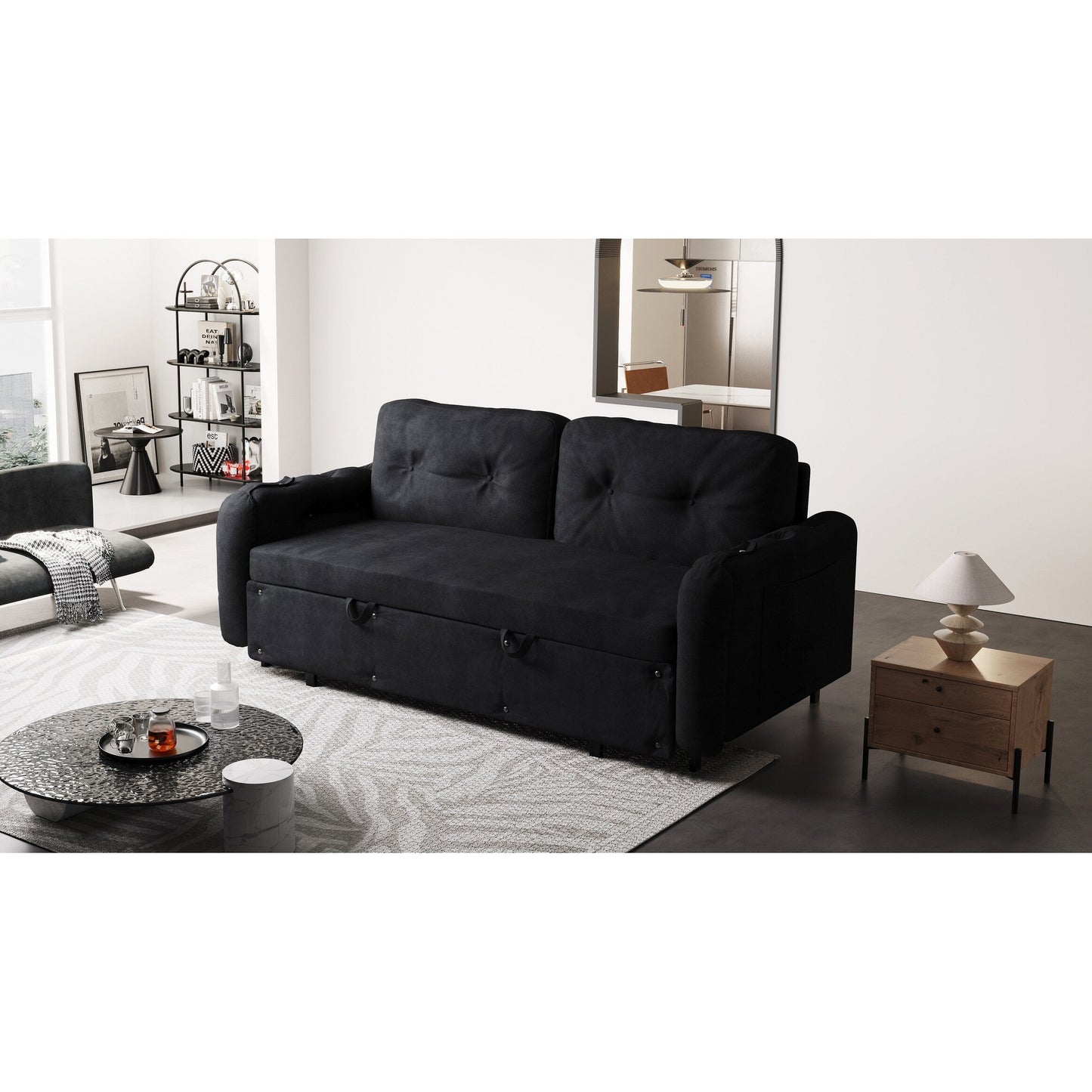 Black Velvet Loveseat Convertible Sofa Bed with Storage