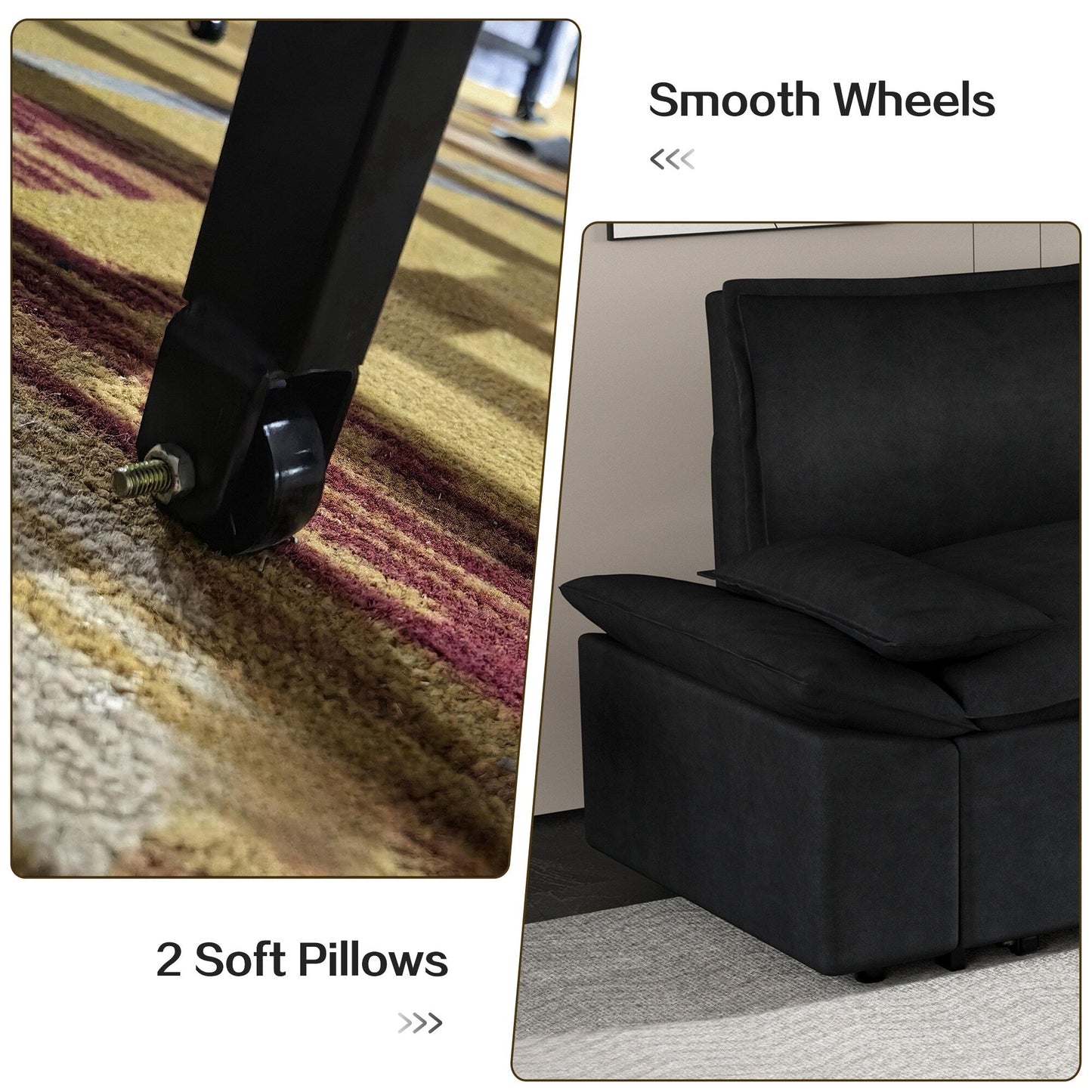 Black Velvet Loveseat Pull Out Sofa Bed with Soft Pillows