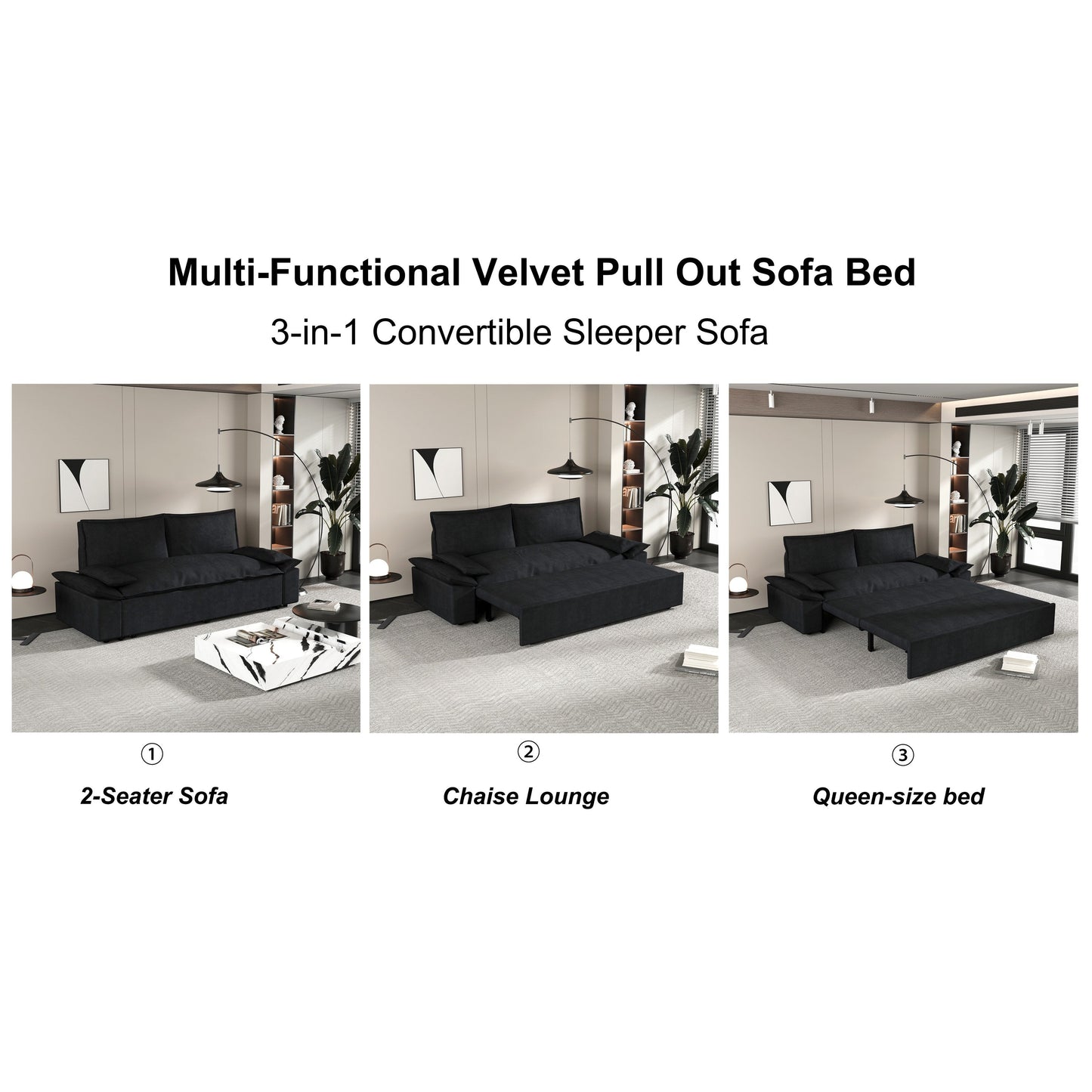 Black Velvet Loveseat Pull Out Sofa Bed with Soft Pillows