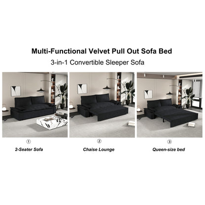 Black Velvet Loveseat Pull Out Sofa Bed with Soft Pillows