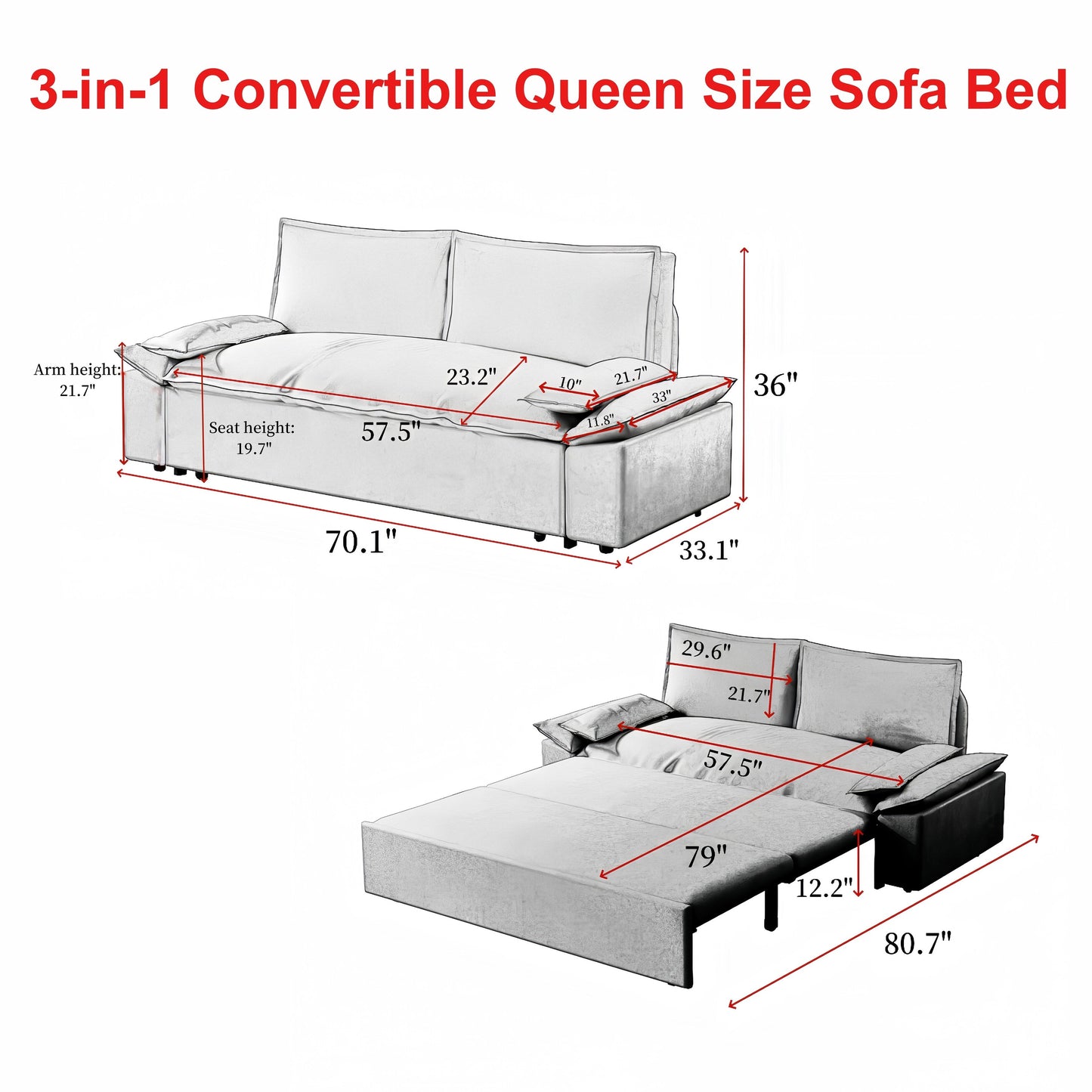 Black Velvet Loveseat Pull Out Sofa Bed with Soft Pillows