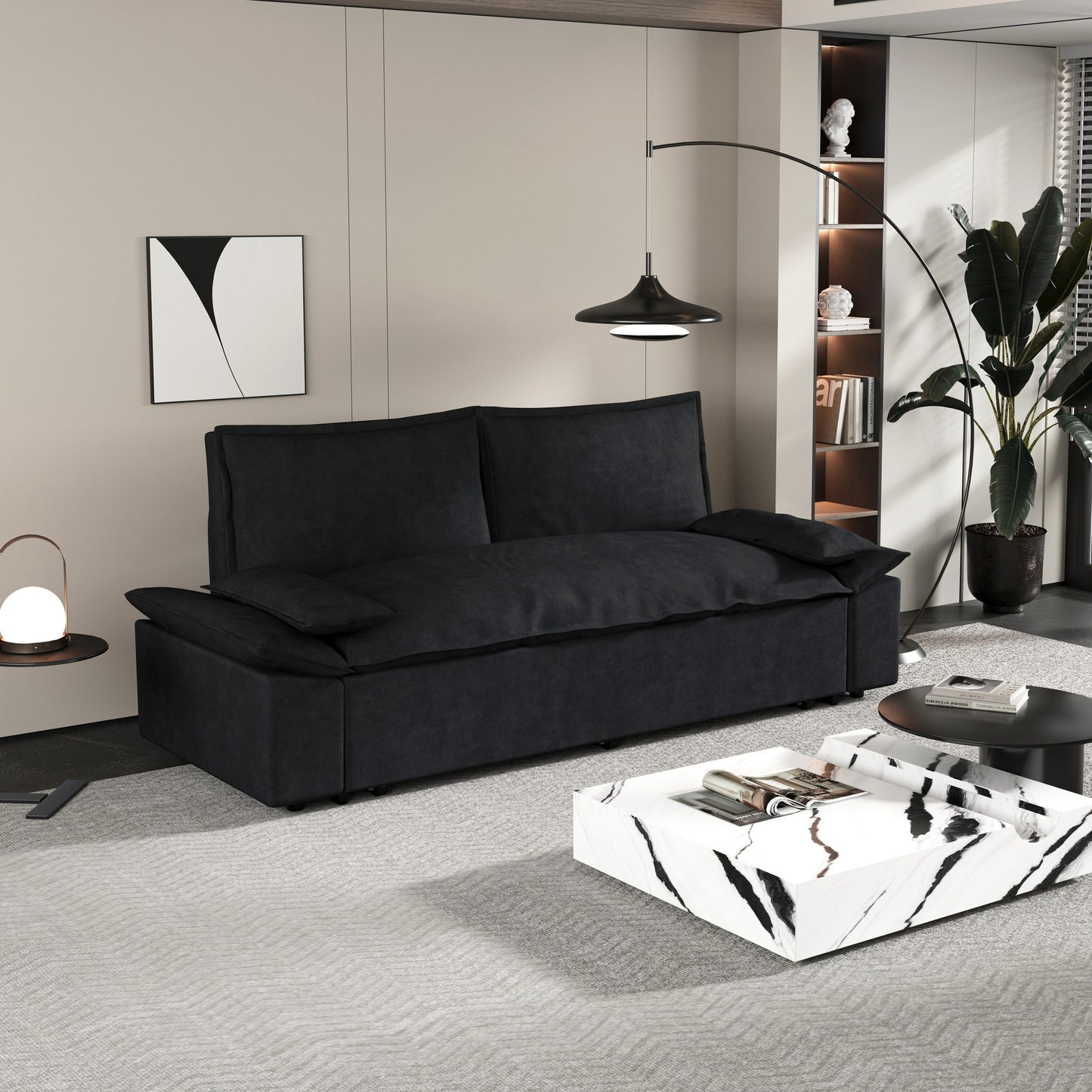 Black Velvet Loveseat Pull Out Sofa Bed with Soft Pillows