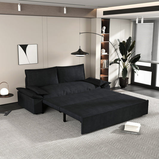 Black Velvet Loveseat Pull Out Sofa Bed with Soft Pillows