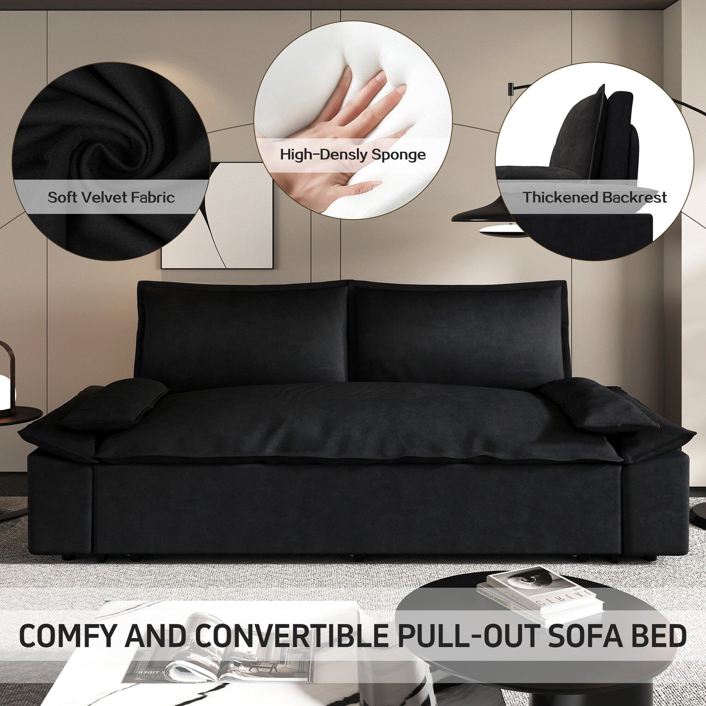 Black Velvet Loveseat Pull Out Sofa Bed with Soft Pillows