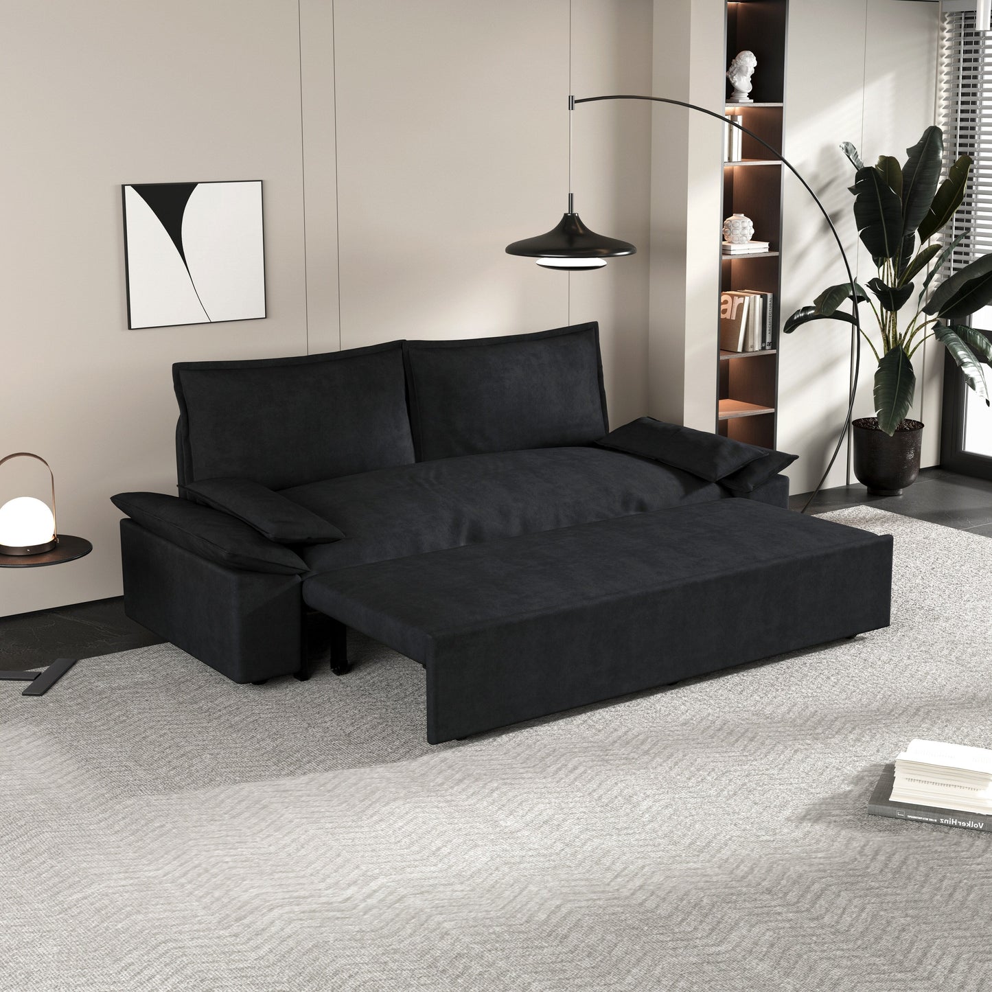 Black Velvet Loveseat Pull Out Sofa Bed with Soft Pillows