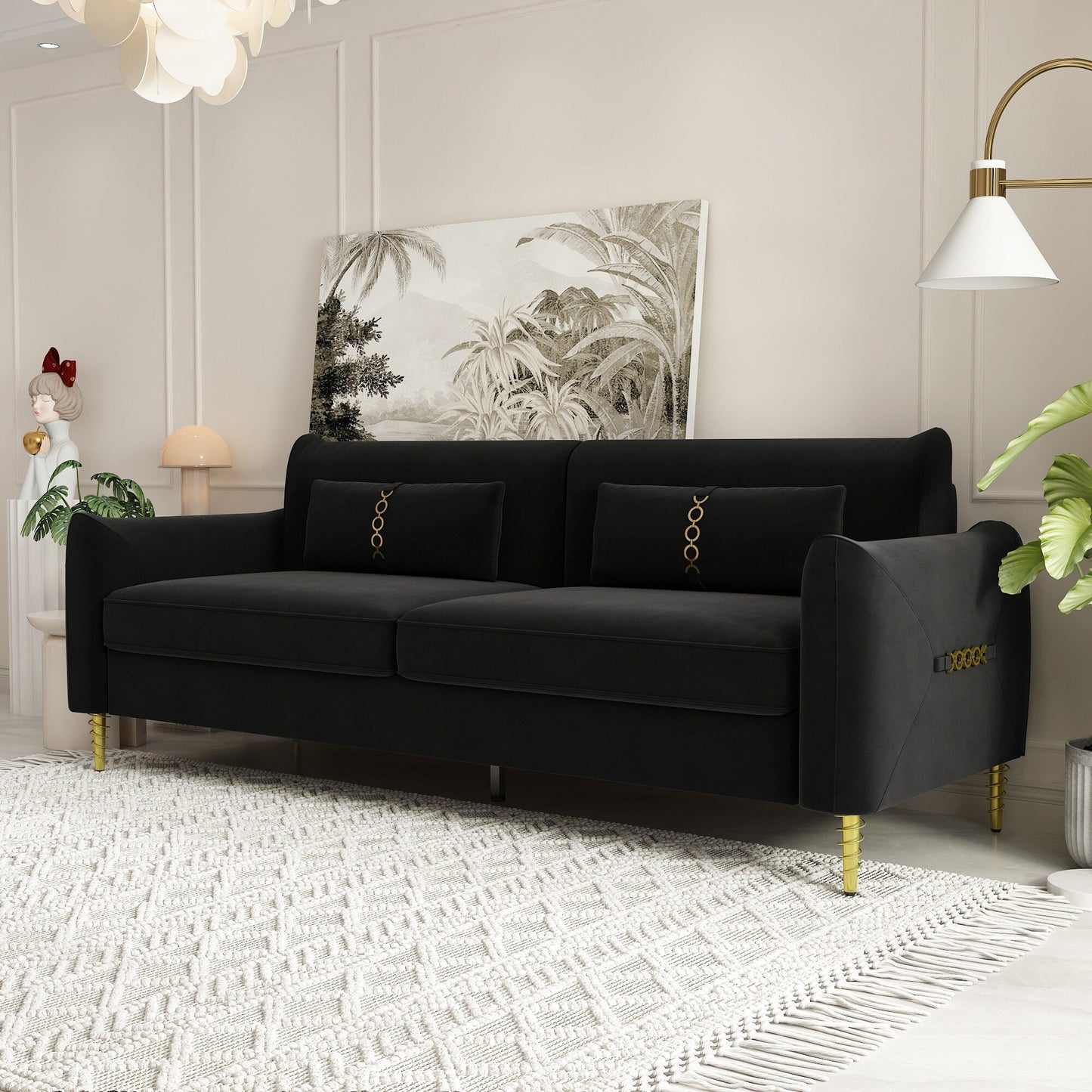 Black Velvet Loveseat Sofa with Gold Legs